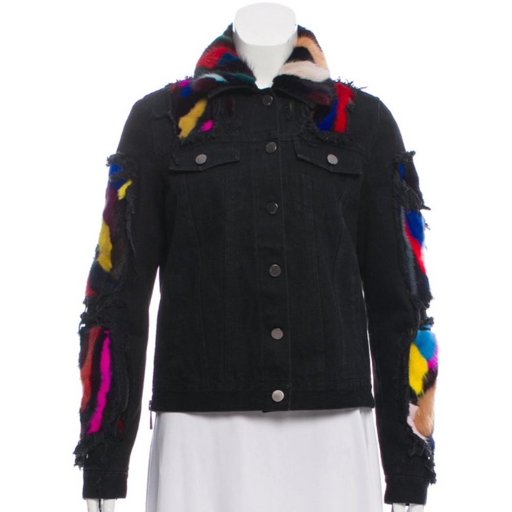 Jocelyn Fox Fur Accent Distressed Denim Jacket